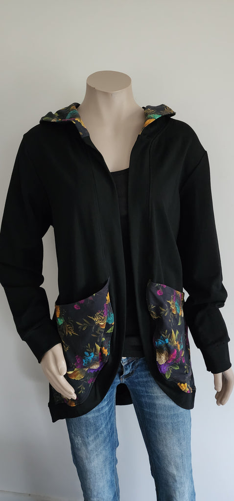 Black - Mustard Floral Longline Hooded Cardi