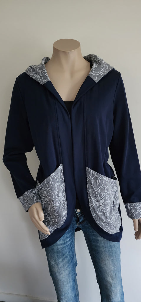 Navy Sqyiggles Longline Hooded Cardi
