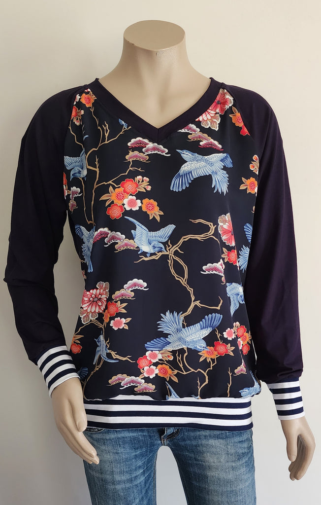 Navy Bird V Neck Top