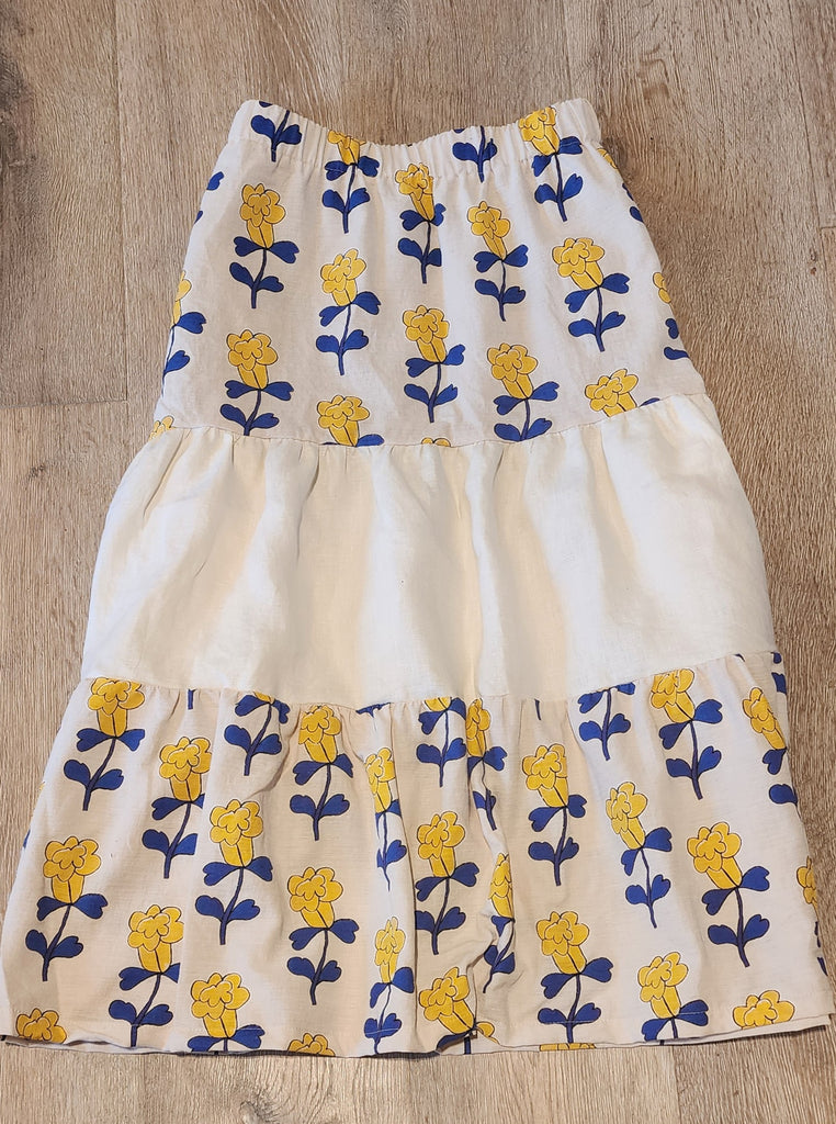 Cream Floral Linen Blend Tiered Skirt