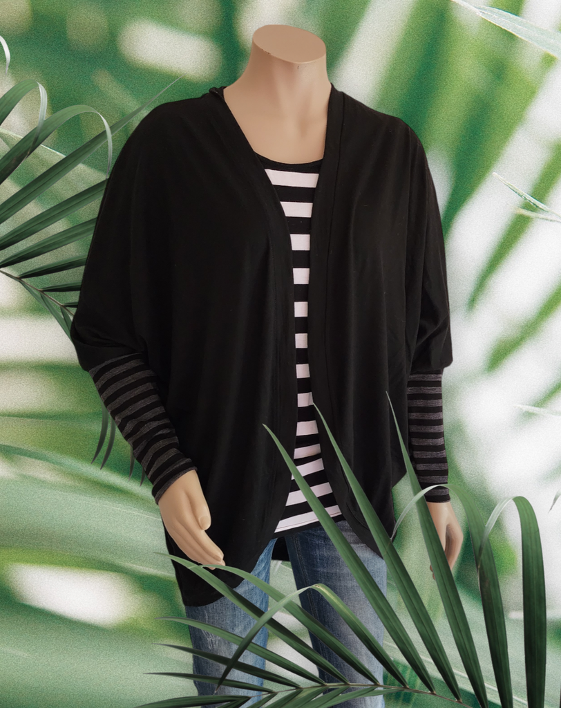 Black Merino Stripe Batwing Cardi