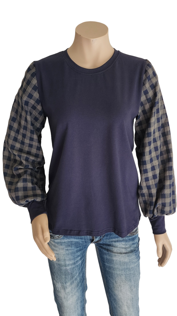 Navy Gingham Linen / Cotton Top