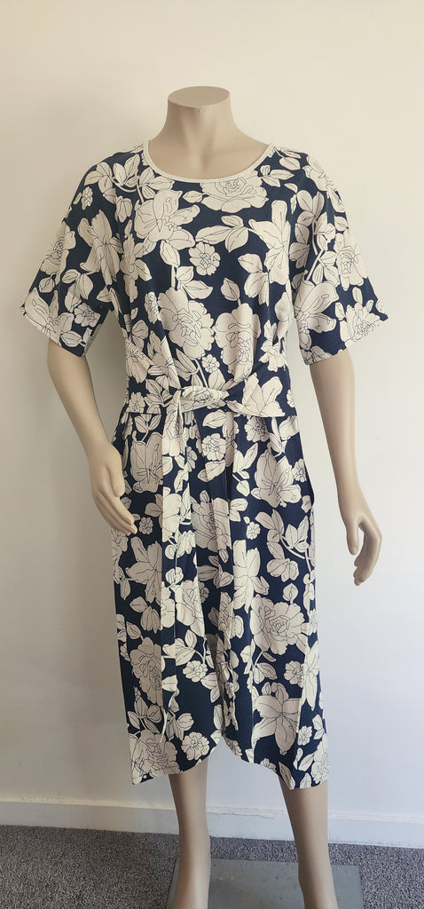 Navy & Natural Linen Mix Tie Dress