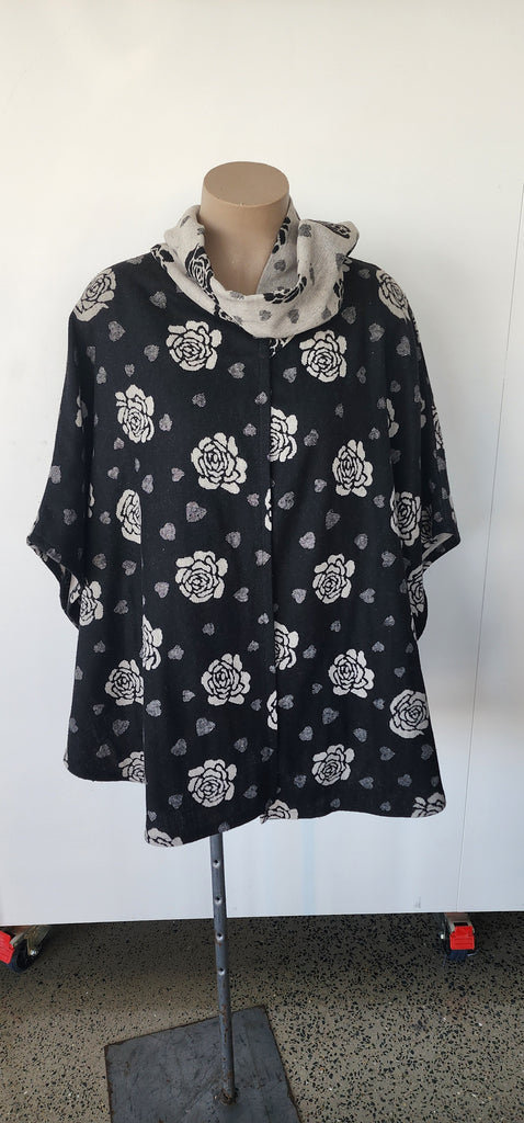 Black & Grey Flower Wool Cape with Scalf