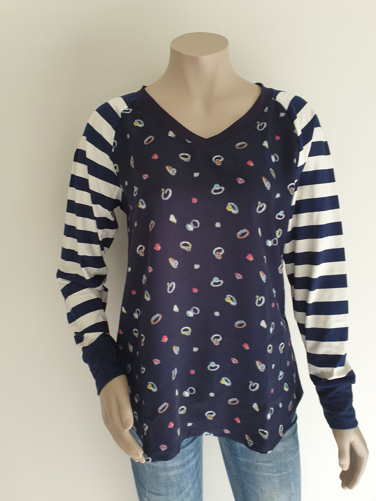 Navy Ring V Neck Stripe Top