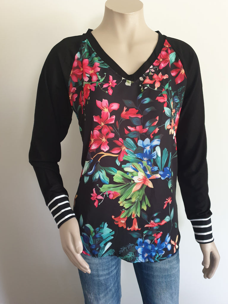 Black Floral V Neck Top