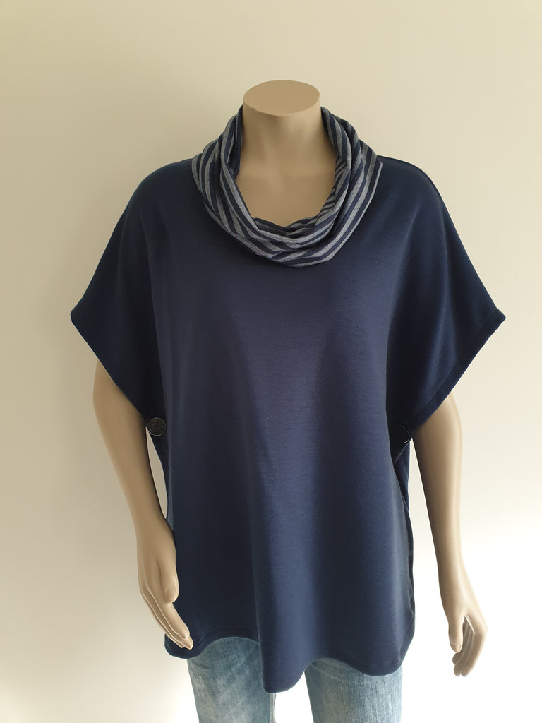Navy Ponte Merino Stripe Cowl Poncho