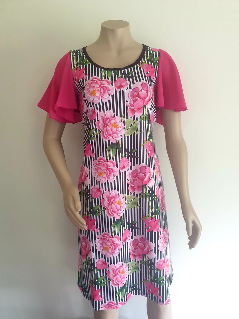Pink Floral Stripe Flutter Sleeve Dress