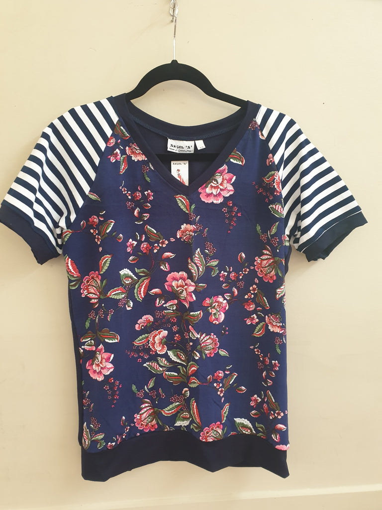 Navy & Pink Floral Stripe Top