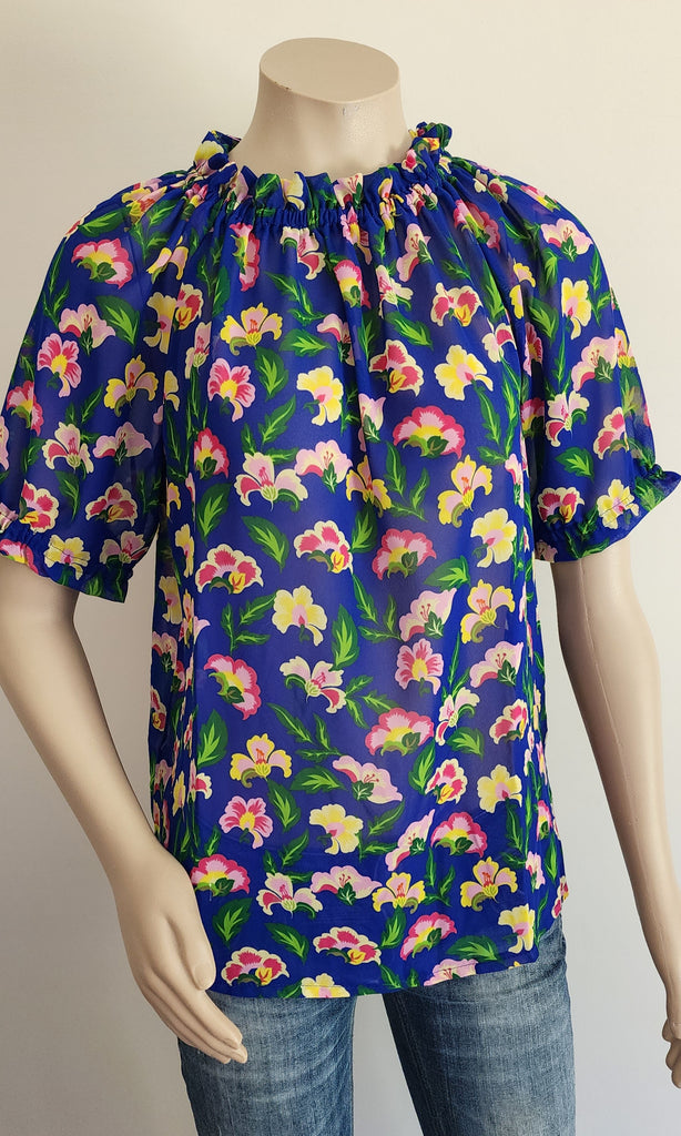 Purply Blue Chiffon Short Sleeve Ruffle Top