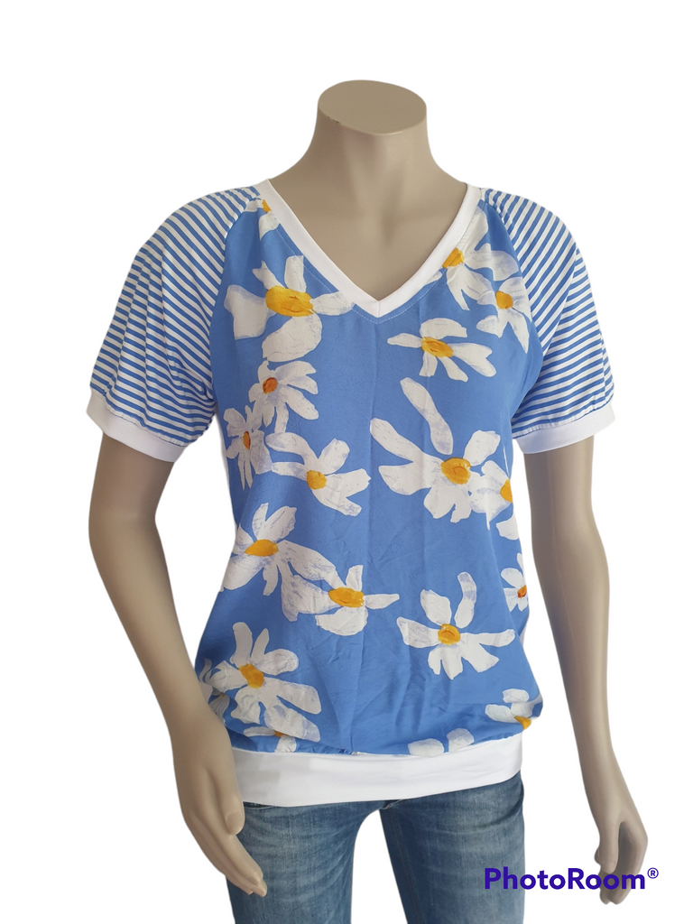 Sky Blue Floral V Top