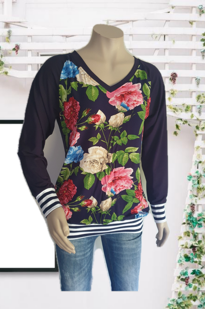 Navy Floral V Neck Top