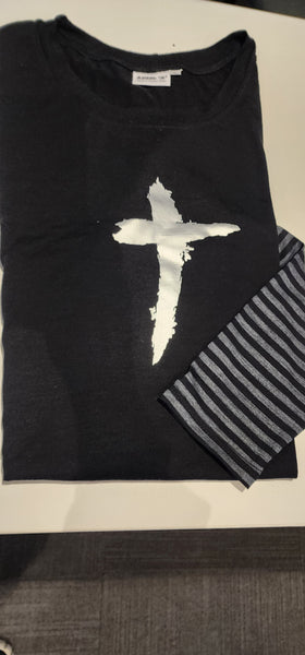 MERINO Print Long Sleeve Stripe Tee - Black & Silver