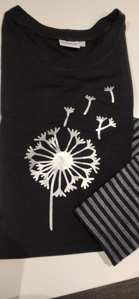 MERINO Print Long Sleeve Stripe Tee - Black & Silver