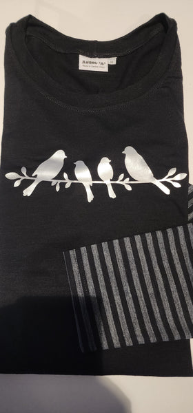 MERINO Print Long Sleeve Stripe Tee - Black & Silver