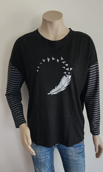 MERINO Print Long Sleeve Stripe Tee - Black & Silver