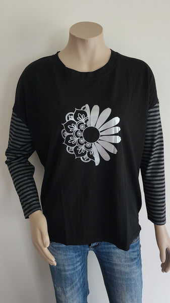 MERINO Print Long Sleeve Stripe Tee - Black & Silver