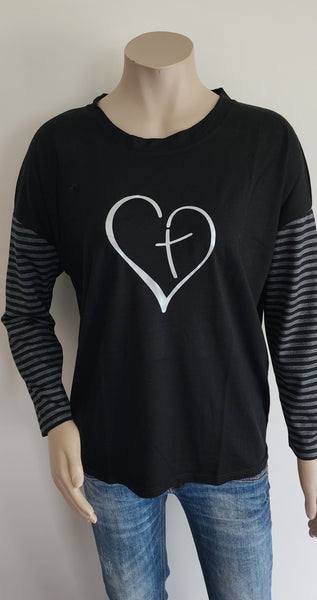 MERINO Print Long Sleeve Stripe Tee - Black & Silver