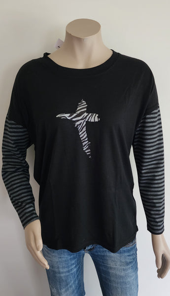 MERINO Print Long Sleeve Stripe Tee - Black & Silver
