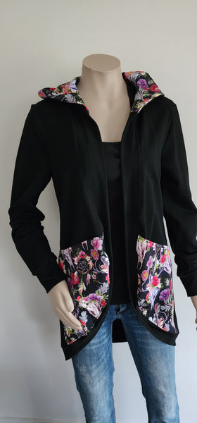 Black -Floral Skull Longline Hooded Cardi