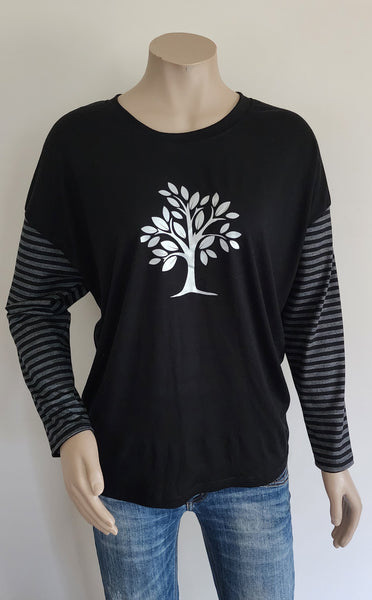 MERINO Print Long Sleeve Stripe Tee - Black & Silver