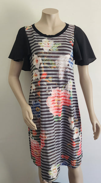 Black  Floral Stripe Flutter Sleeve Dress