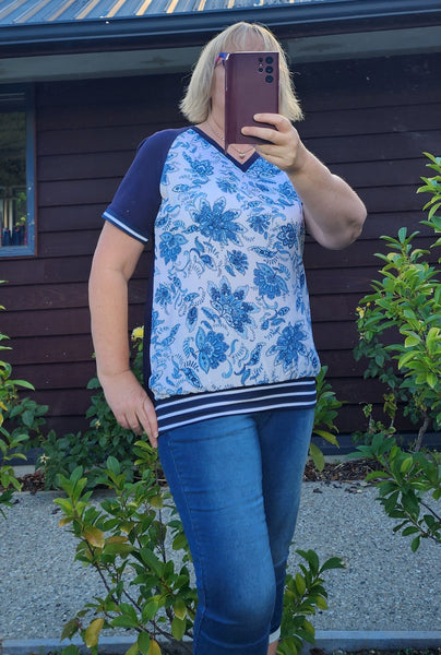 White & Navy Print Top