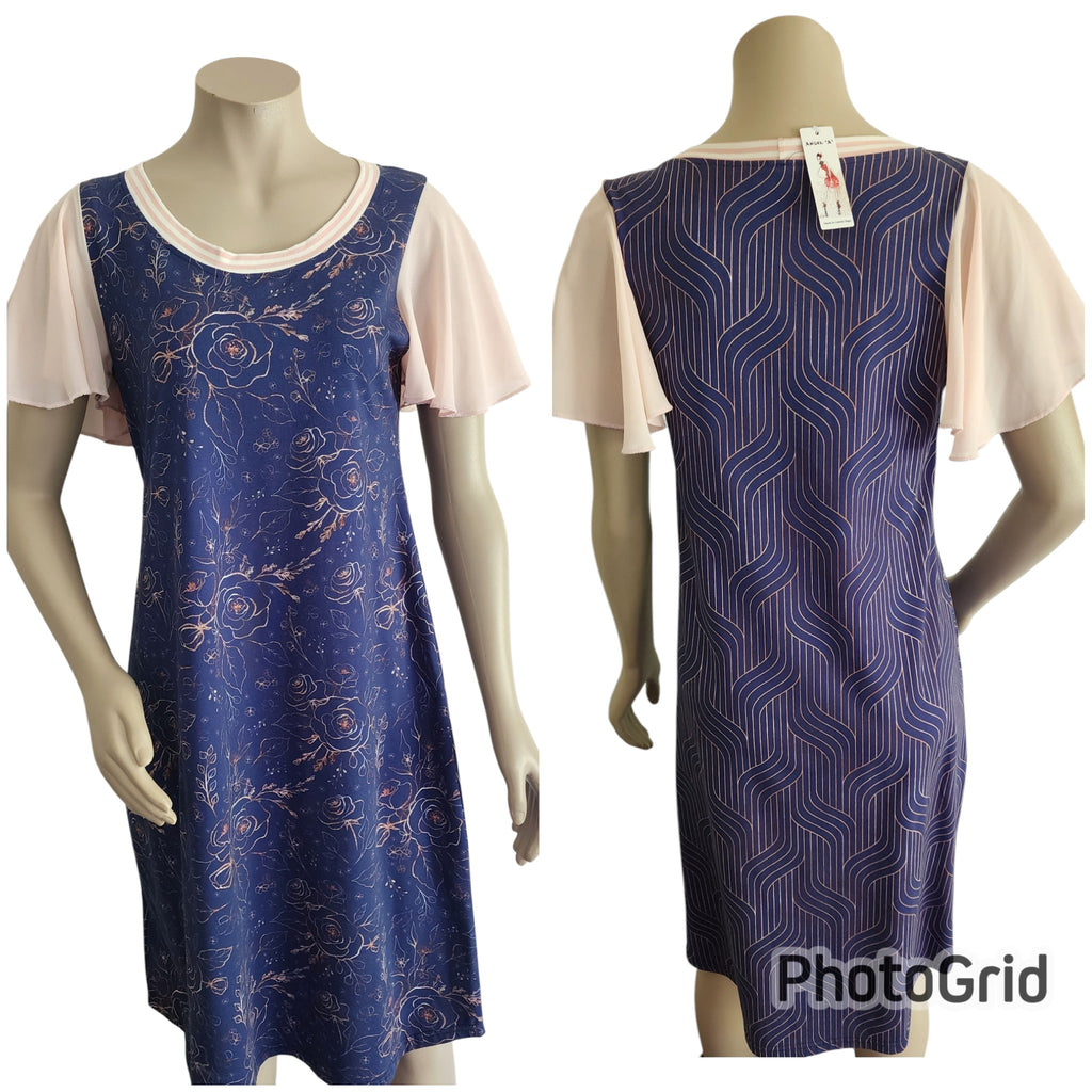 Navy Rose Gold Coloured Print Flutter Sleeve Dress