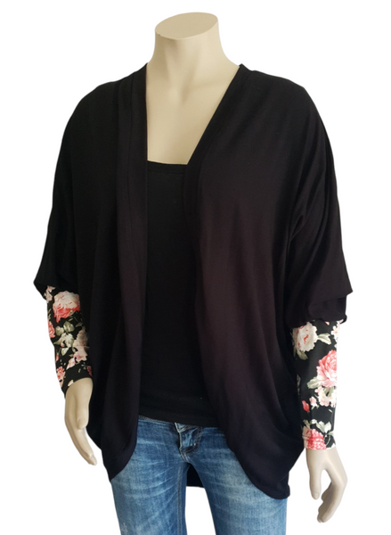Black with Floral Sleeve Knit Kimono