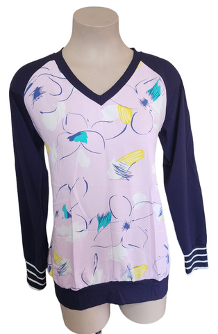 Pink & Navy  Rayon V Neck Top