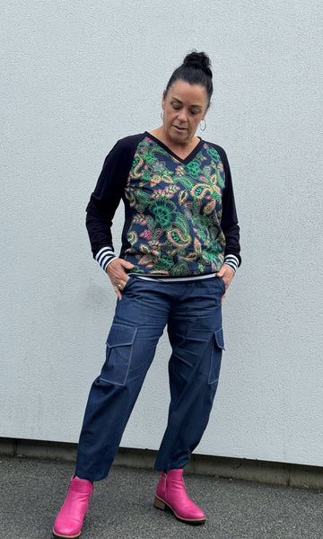 Navy Rayon V Neck Top