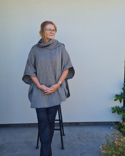 Herringbone Black & Grey Wool  Cape with Scalf