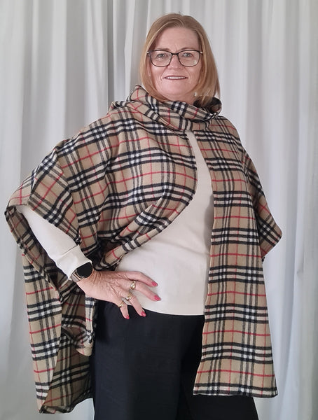 Tan Black Check Wool  Cape with Scalf