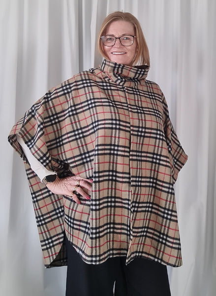 Tan Black Check Wool  Cape with Scalf