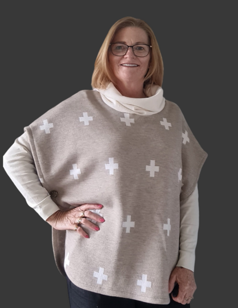 Taupe / Off White  Cross Poncho