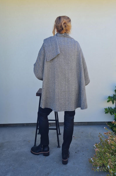 Herringbone Black & Grey Wool  Cape with Scalf