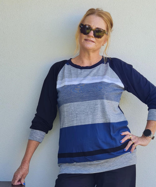 Mismatched Sleeve Navy  & Grey Merino Stripe Jumper