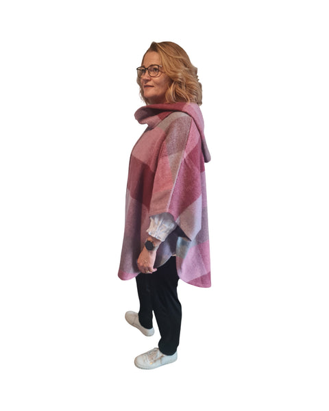 Pink Burgundy Check Wool  Cape with Scalf