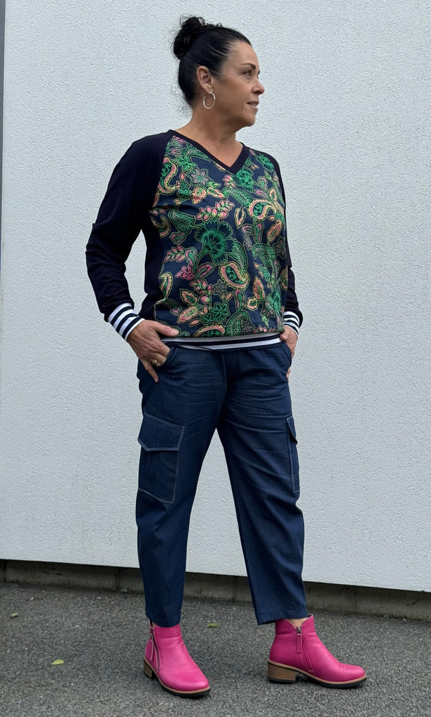 Navy Rayon V Neck Top