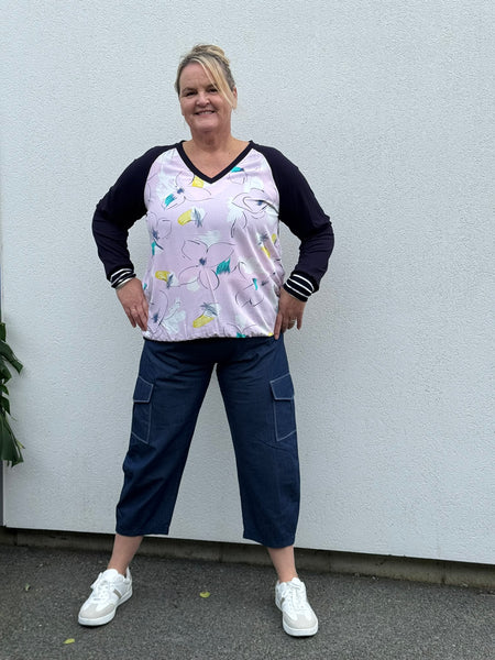 Pink & Navy  Rayon V Neck Top