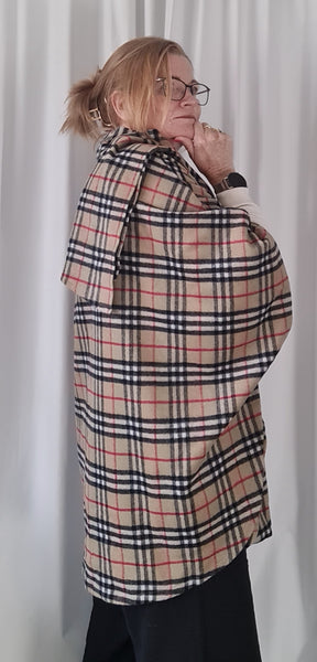 Tan Black Check Wool  Cape with Scalf