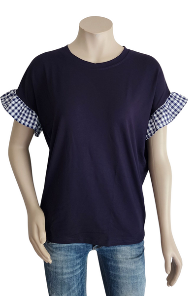 Slouchy Tee with Gingham Ruffle