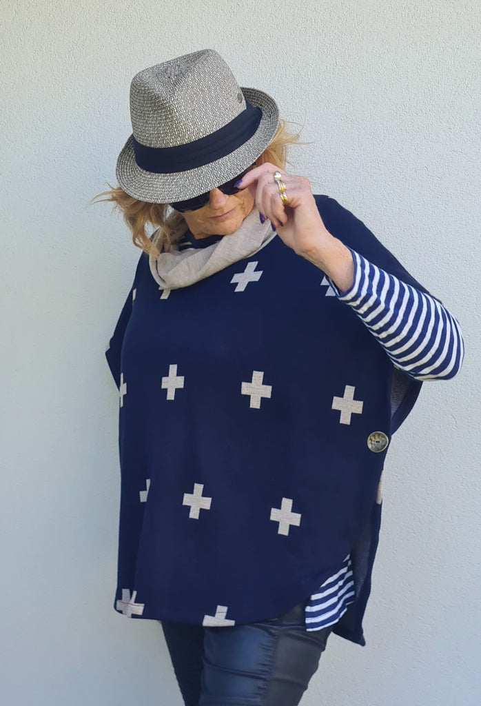 Navy / Taupe Cross Poncho
