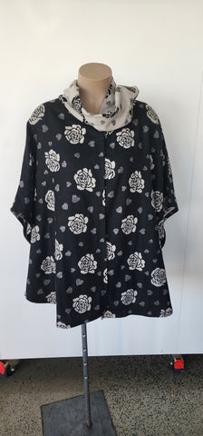Black & Grey Flower Wool Cape with Scalf