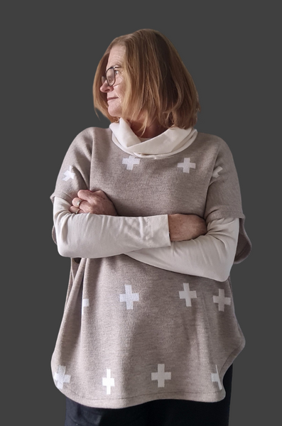 Taupe / Off White  Cross Poncho