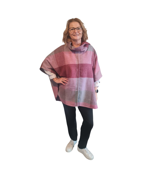 Pink Burgundy Check Wool  Cape with Scalf