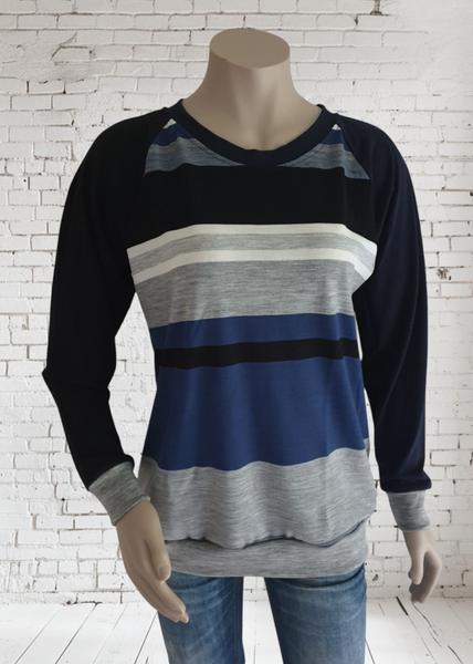 Mismatched Sleeve Navy  & Grey Merino Stripe Jumper