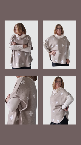 Taupe / Off White  Cross Poncho