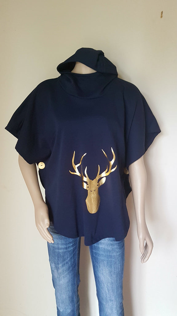 Navy Stag Print Hooded Sweatshirt Poncho - Cotton