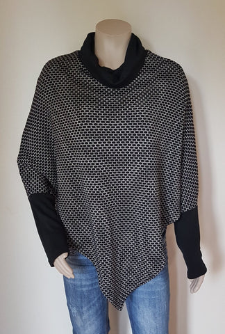 100%  Merino Black & Grey Poncho With Sleeve